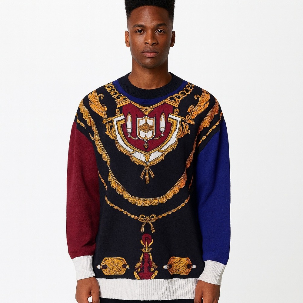 Jennifer Collection Vintage Colorblock‎  Sweater Ornate Tapestry Knit Artsy Boho